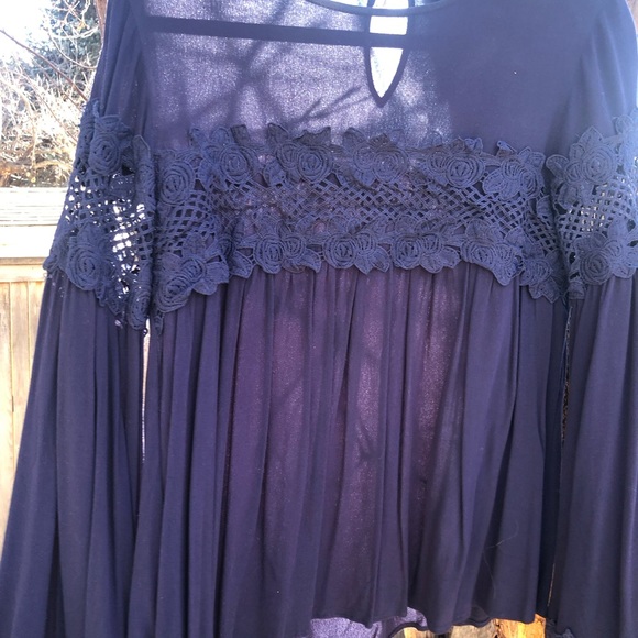 Lumie Brand Empire Rich Blue Blouse Swing Top Lace Embroidery Neiman Marcus Sz M - Picture 3 of 14